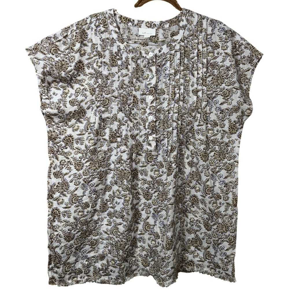 J.Jill Linen Pintuck Lace Woodblock Print Popover Top Small Black Tan Floral