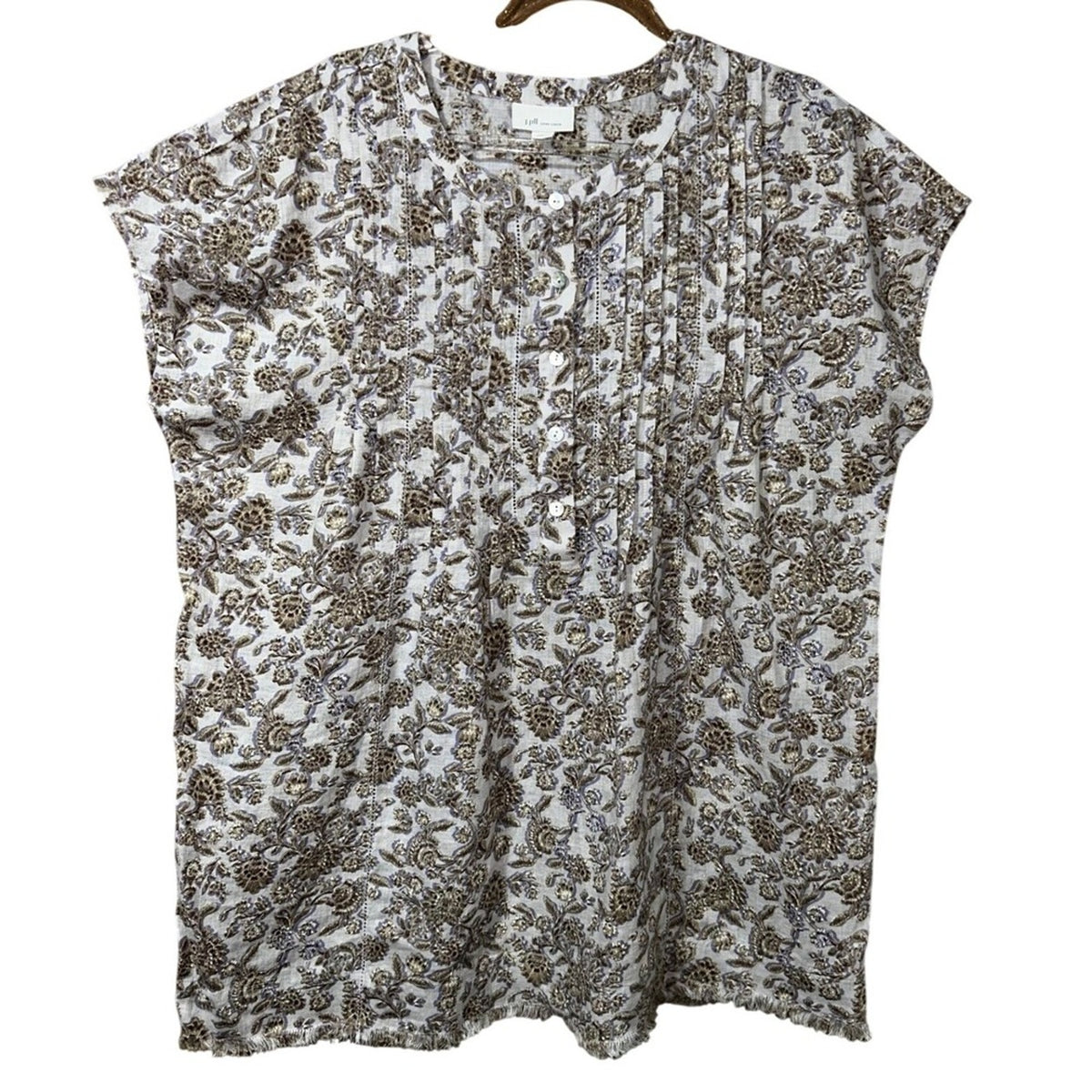 J.Jill Linen Pintuck Lace Woodblock Print Popover Top Small Black Tan Floral