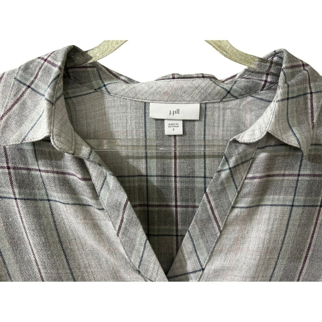 J.Jill Womens Plaid Soft Grey Heather Multi Long Sleeve V-Neck Tunic Top Small