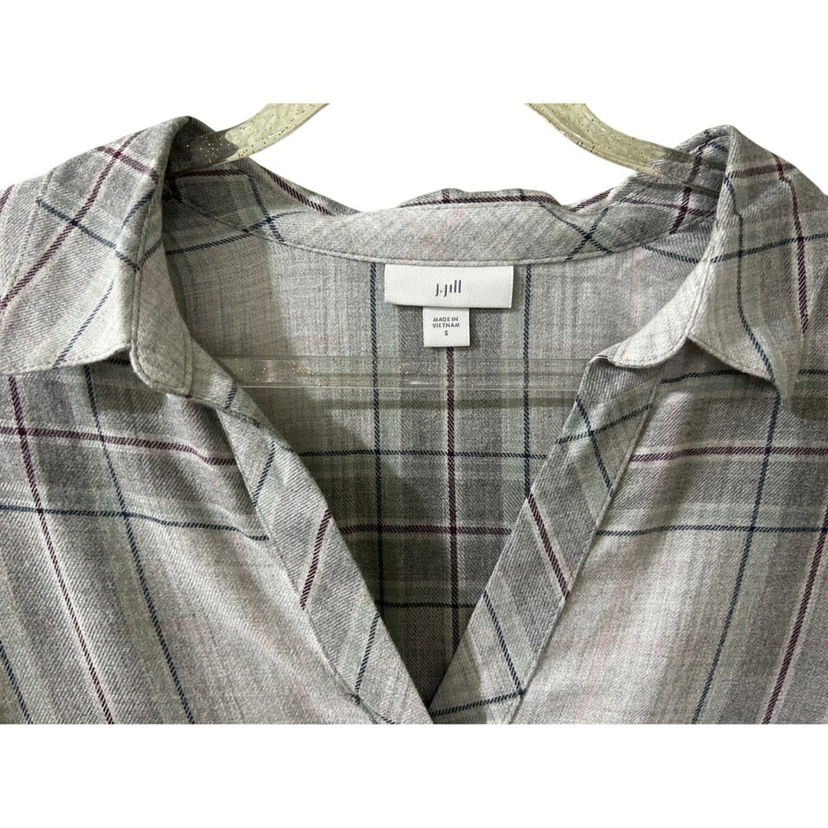 J.Jill Womens Plaid Soft Grey Heather Multi Long Sleeve V-Neck Tunic Top Small