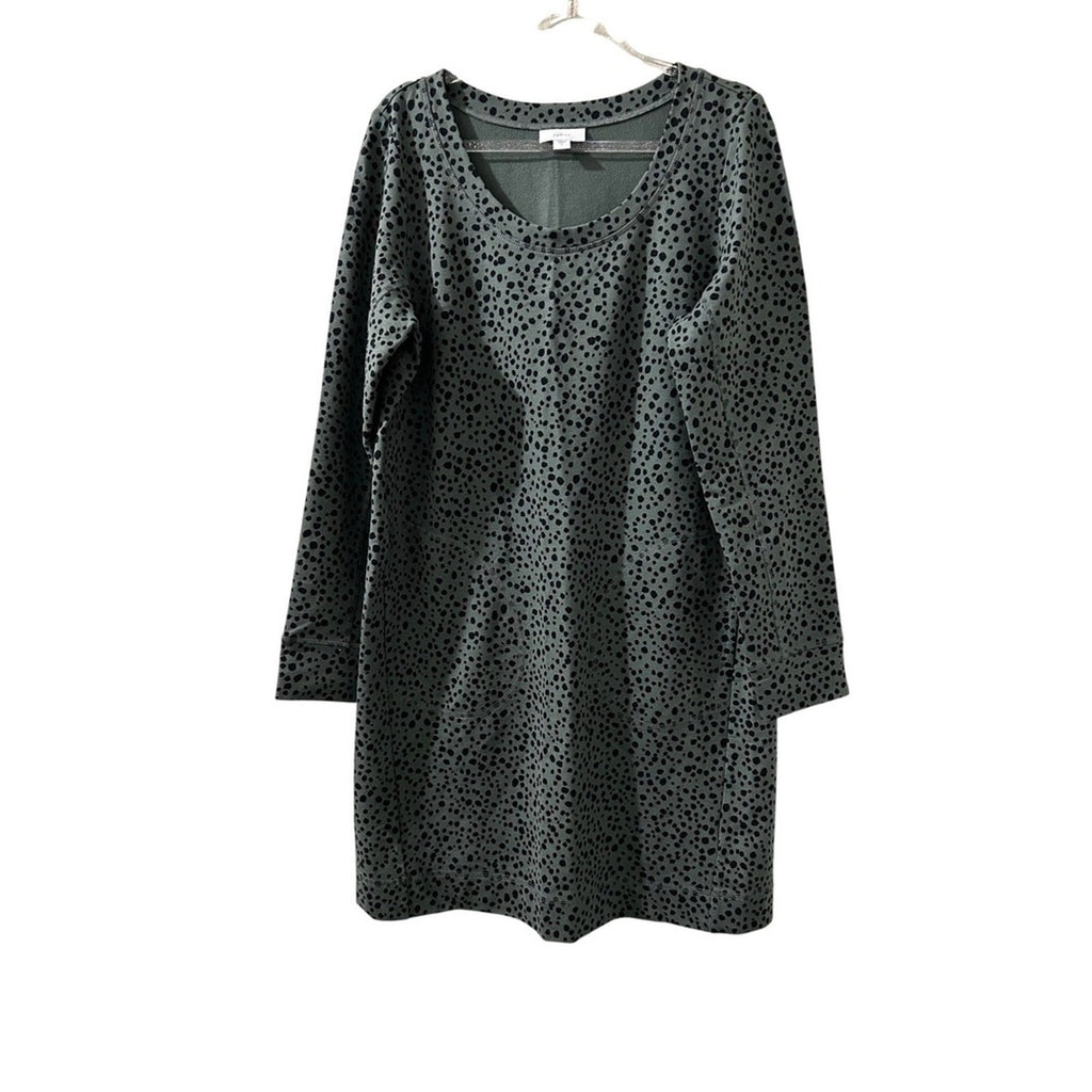J.Jill Fit Green Black Dot Print Long Sleeve Tunic Dress with Pockets Small