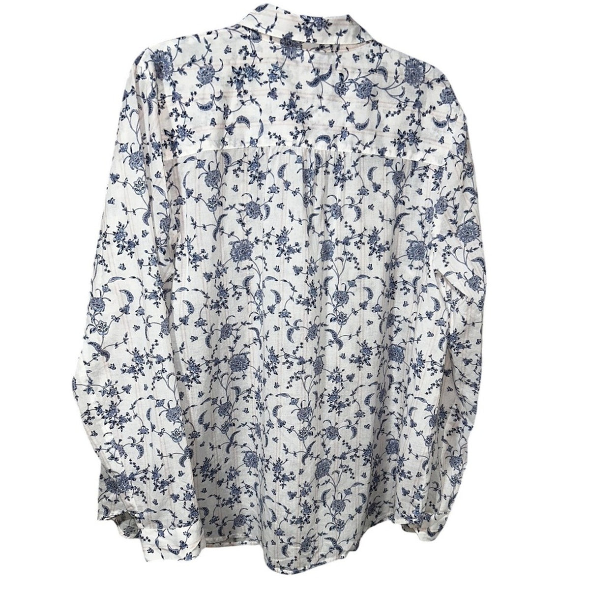 J.Jill White Blue Orchids Floral Print A-Line Button Front Blouse Small