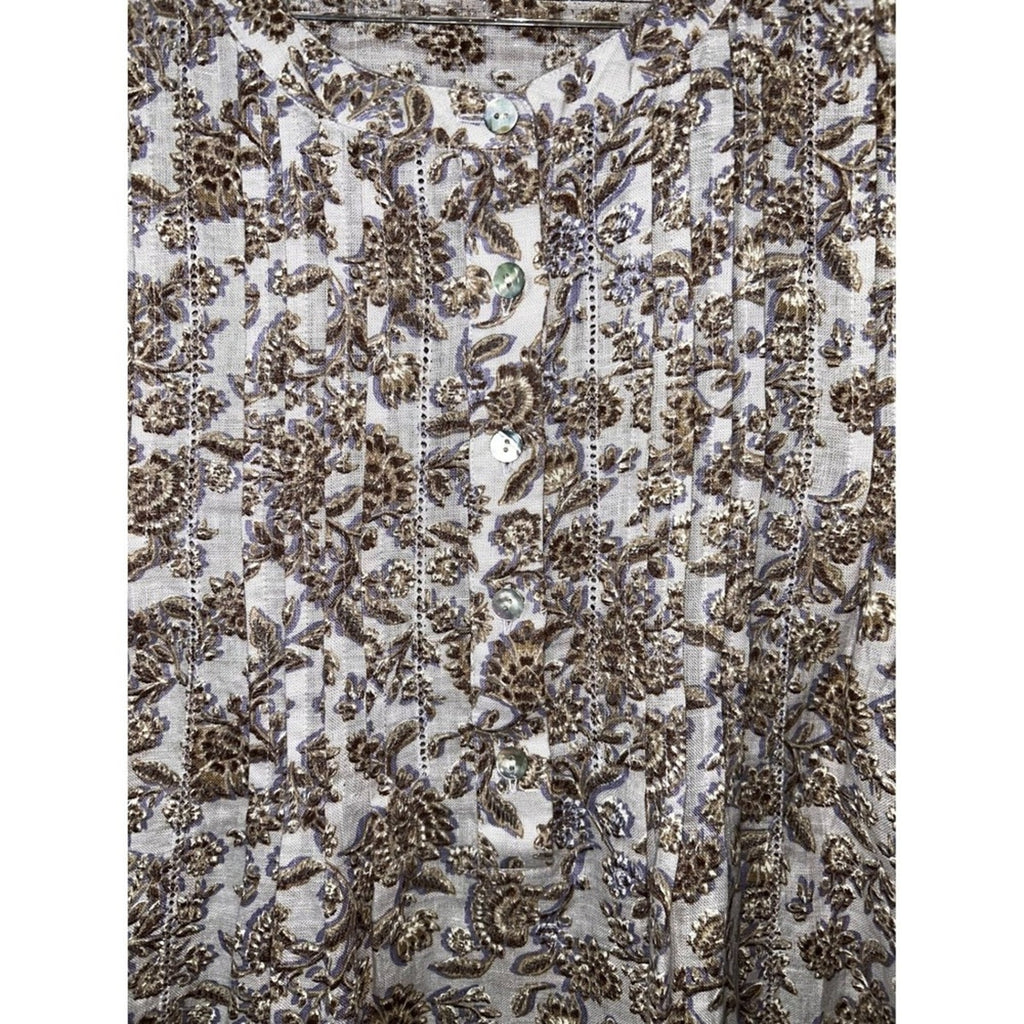 J.Jill Linen Pintuck Lace Woodblock Print Popover Top Small Black Tan Floral