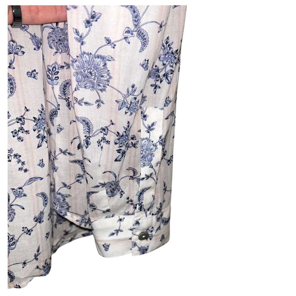 J.Jill White Blue Orchids Floral Print A-Line Button Front Blouse Small