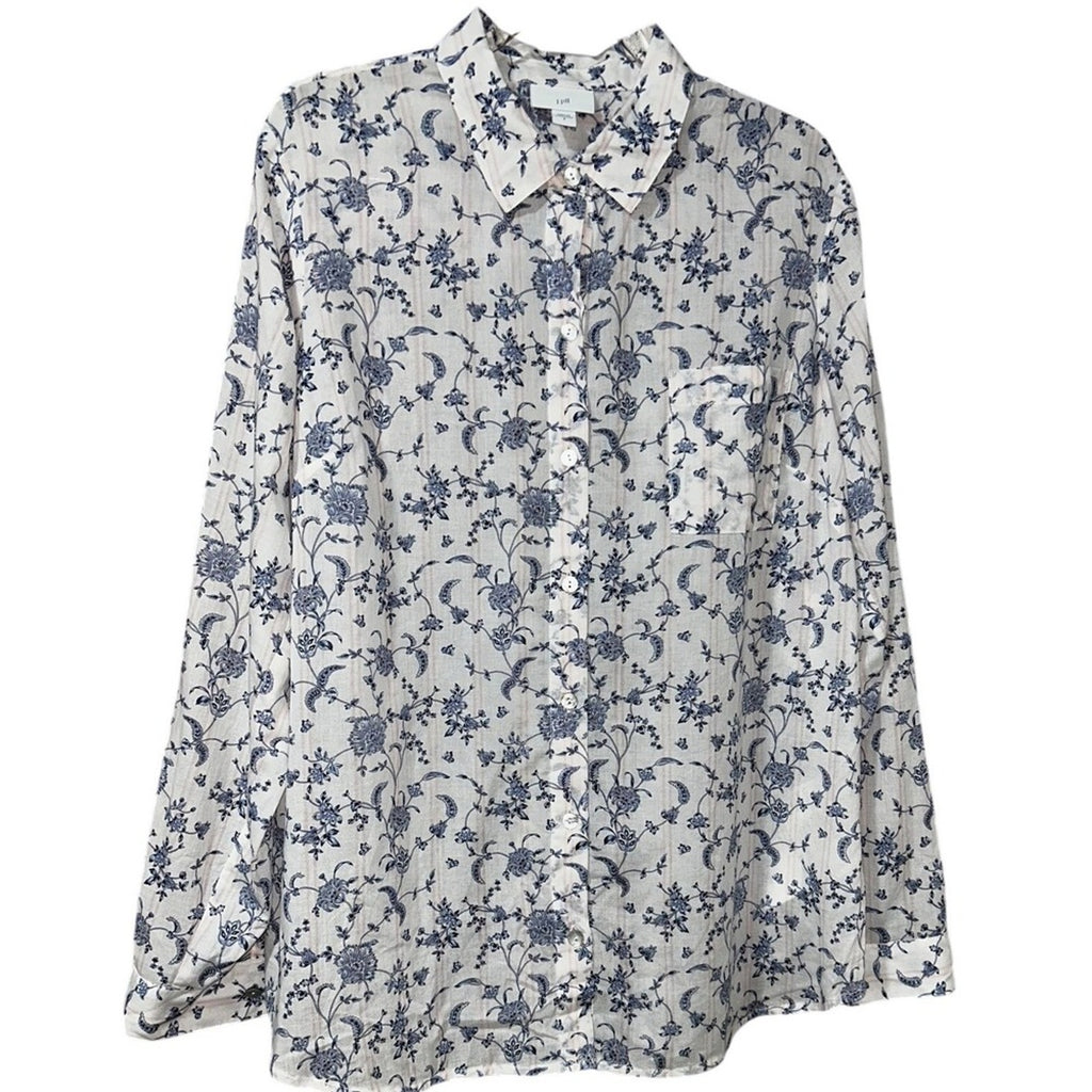 J.Jill White Blue Orchids Floral Print A-Line Button Front Blouse Small