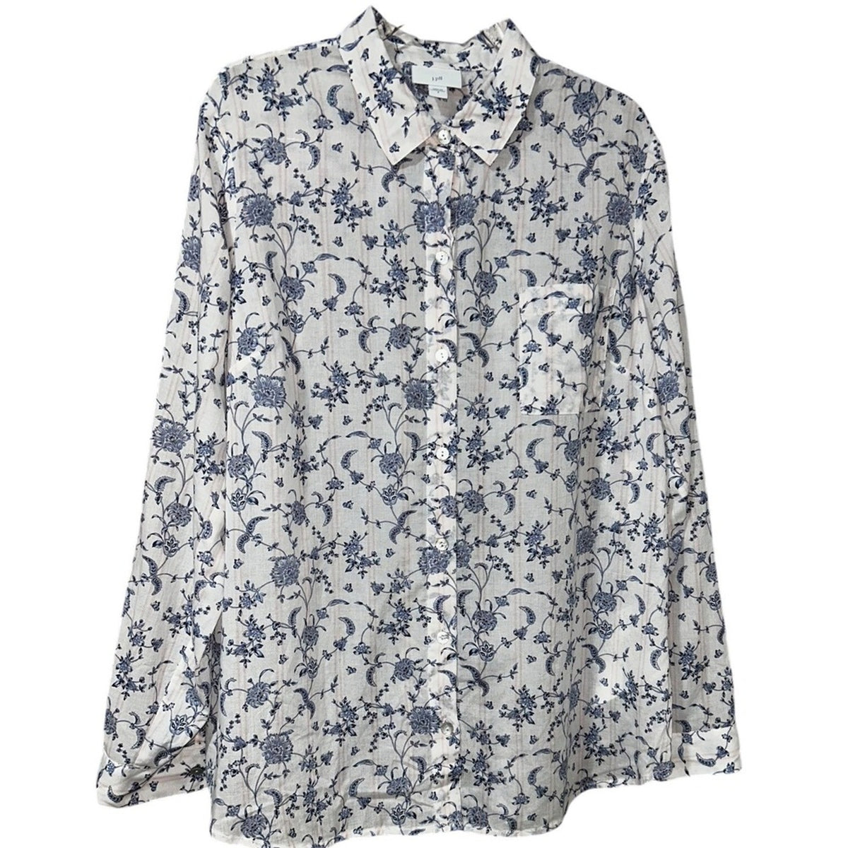 J.Jill White Blue Orchids Floral Print A-Line Button Front Blouse Small