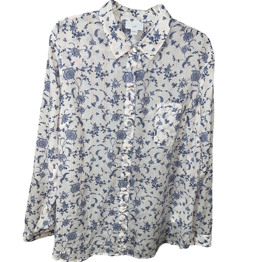 J.Jill White Blue Orchids Floral Print A-Line Button Front Blouse Small