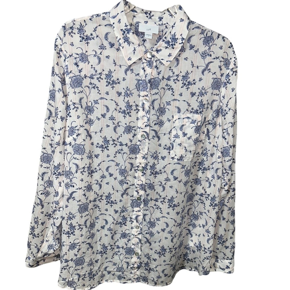 J.Jill White Blue Orchids Floral Print A-Line Button Front Blouse Small