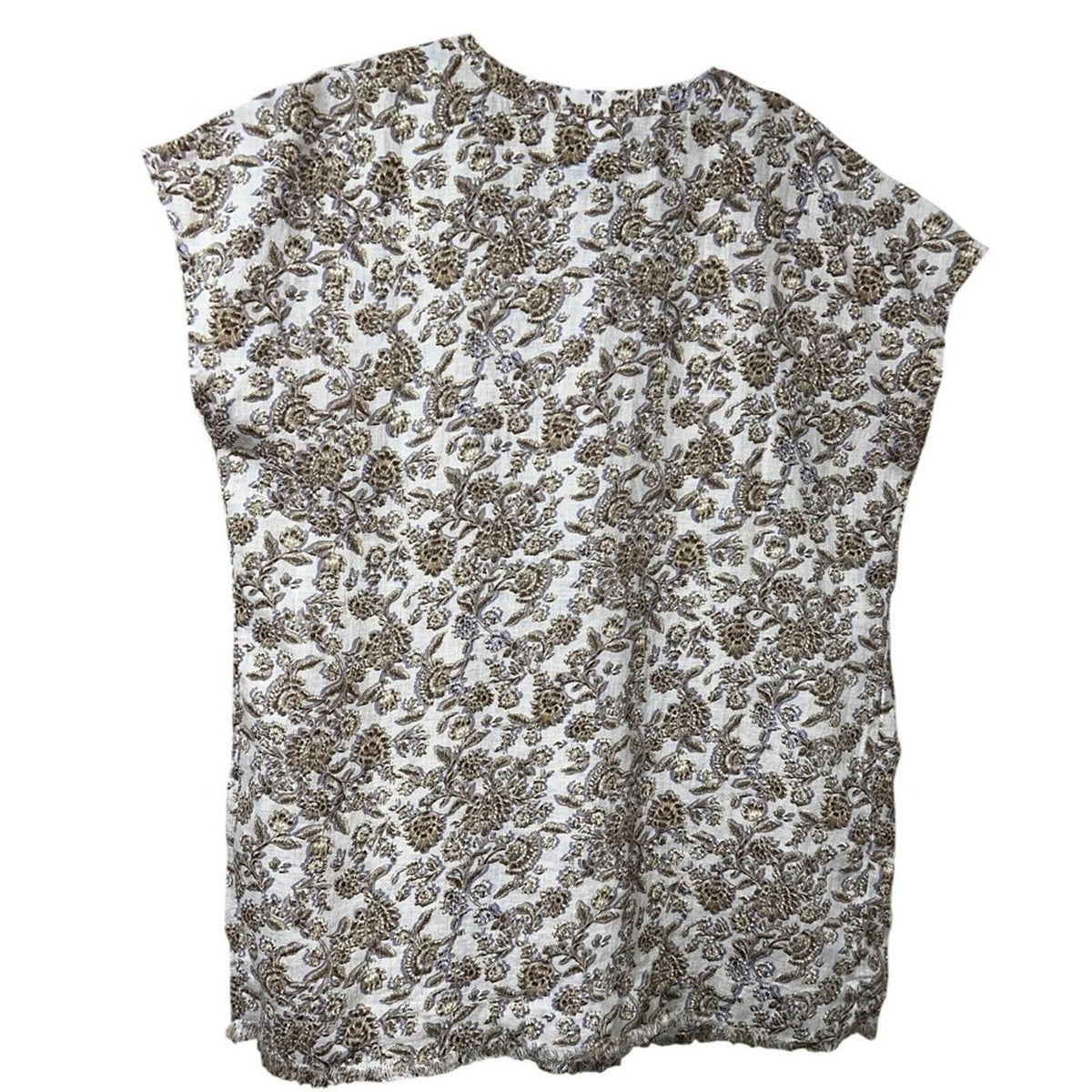J.Jill Linen Pintuck Lace Woodblock Print Popover Top Small Black Tan Floral