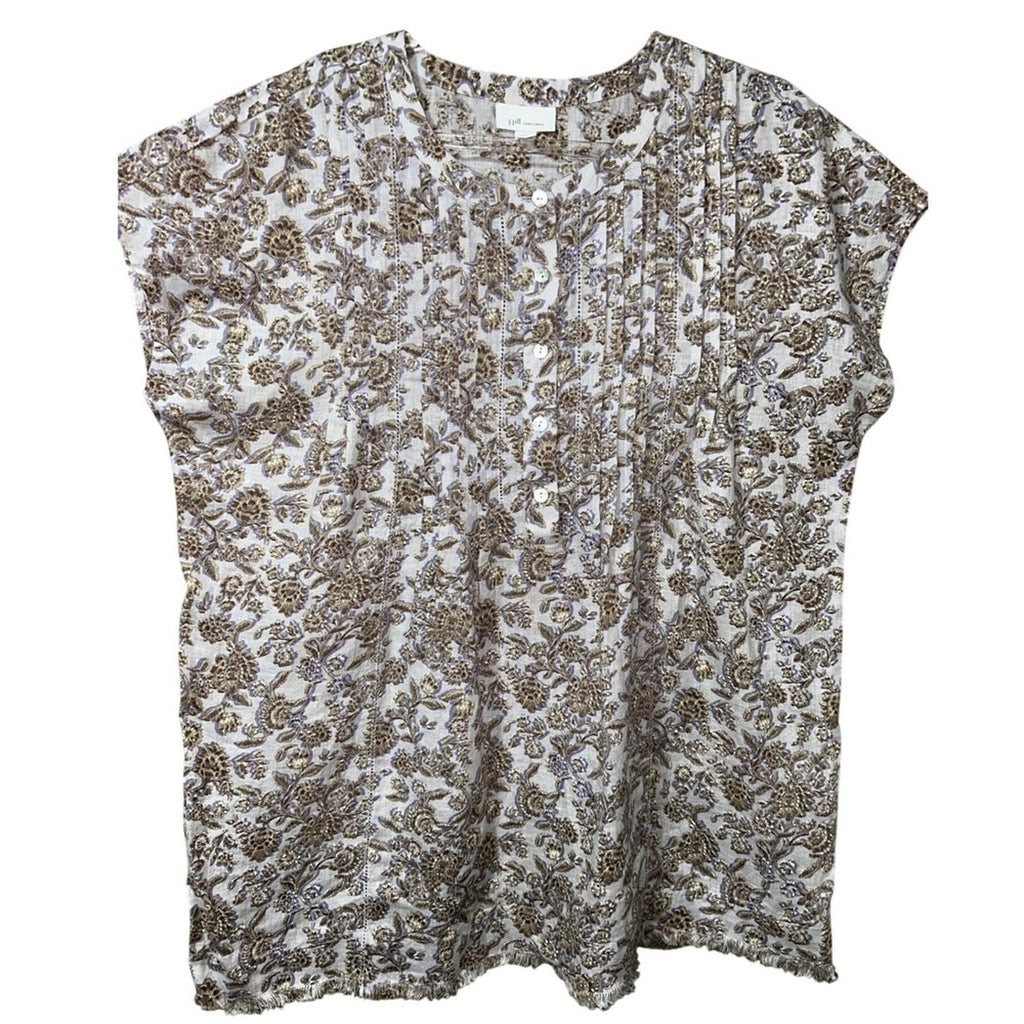 J.Jill Linen Pintuck Lace Woodblock Print Popover Top Small Black Tan Floral