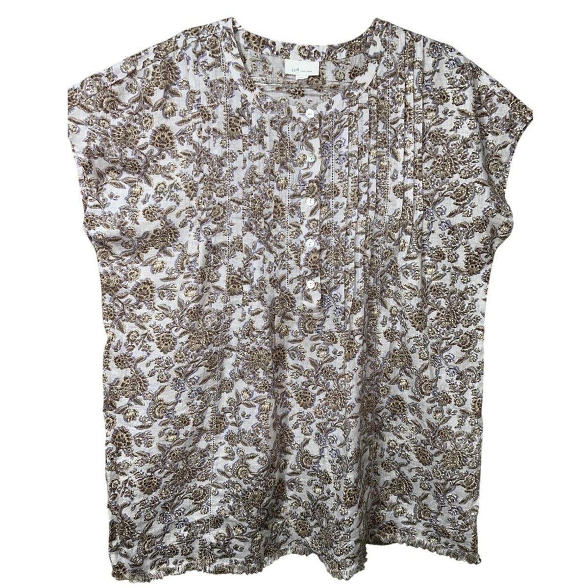 J.Jill Linen Pintuck Lace Woodblock Print Popover Top Small Black Tan Floral