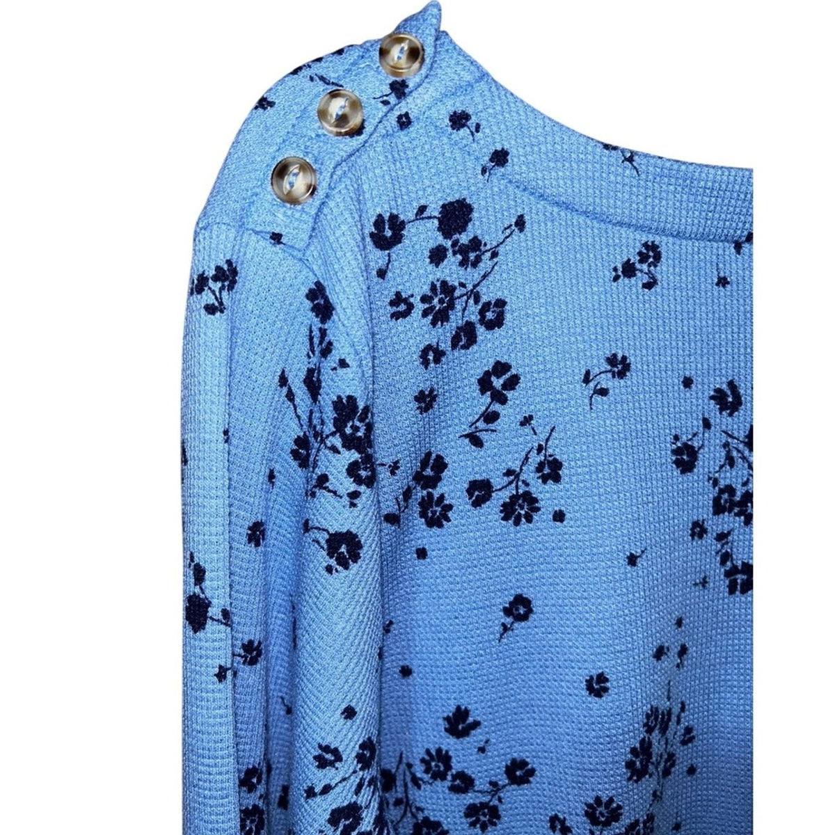 J.Jill Blue Floral Textured Waffle Knit Button Shoulder Tunic Top Pockets Small
