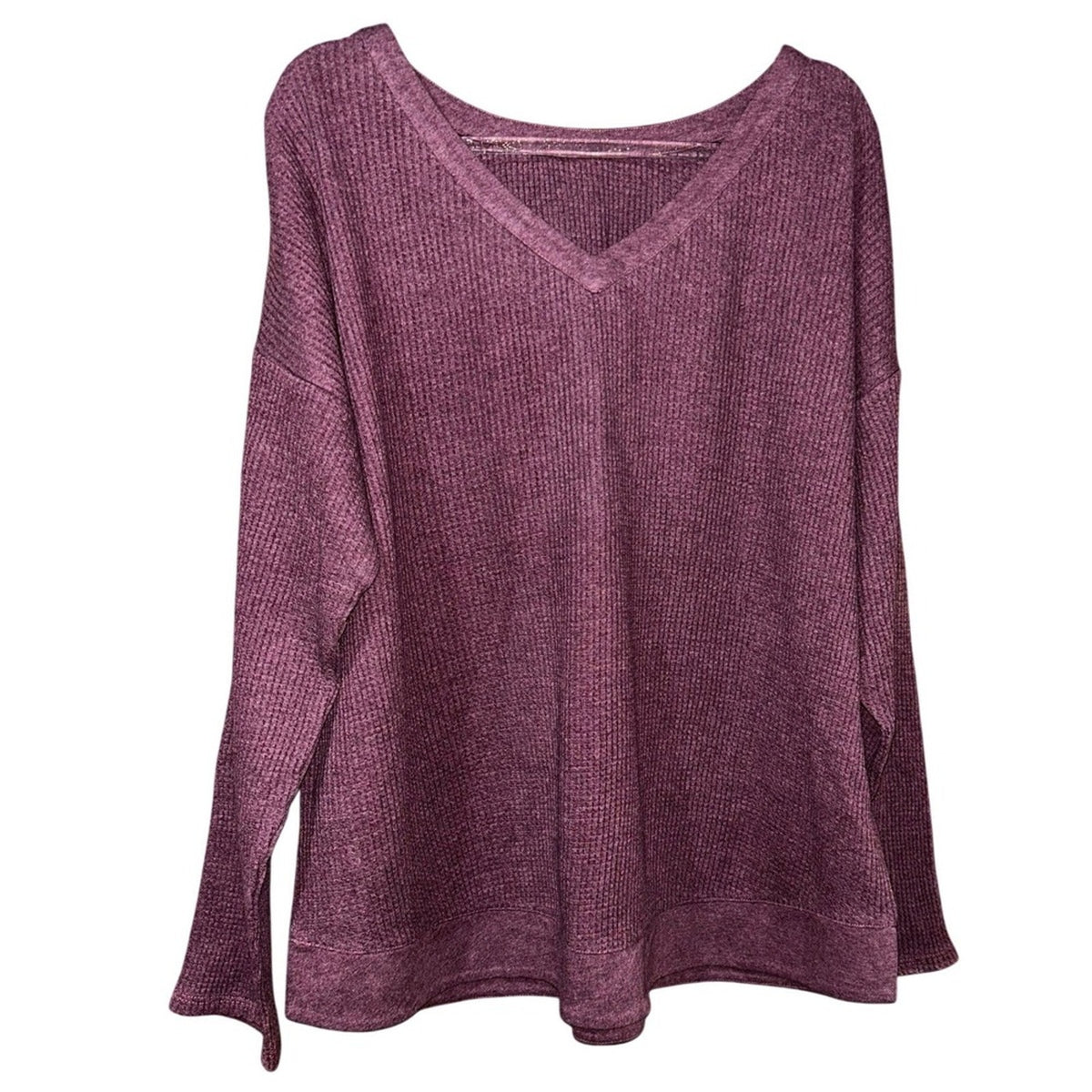 J.Jill Plum Purple Waffle Knit V-Neck Curved Hem Long Sleeve Top Small