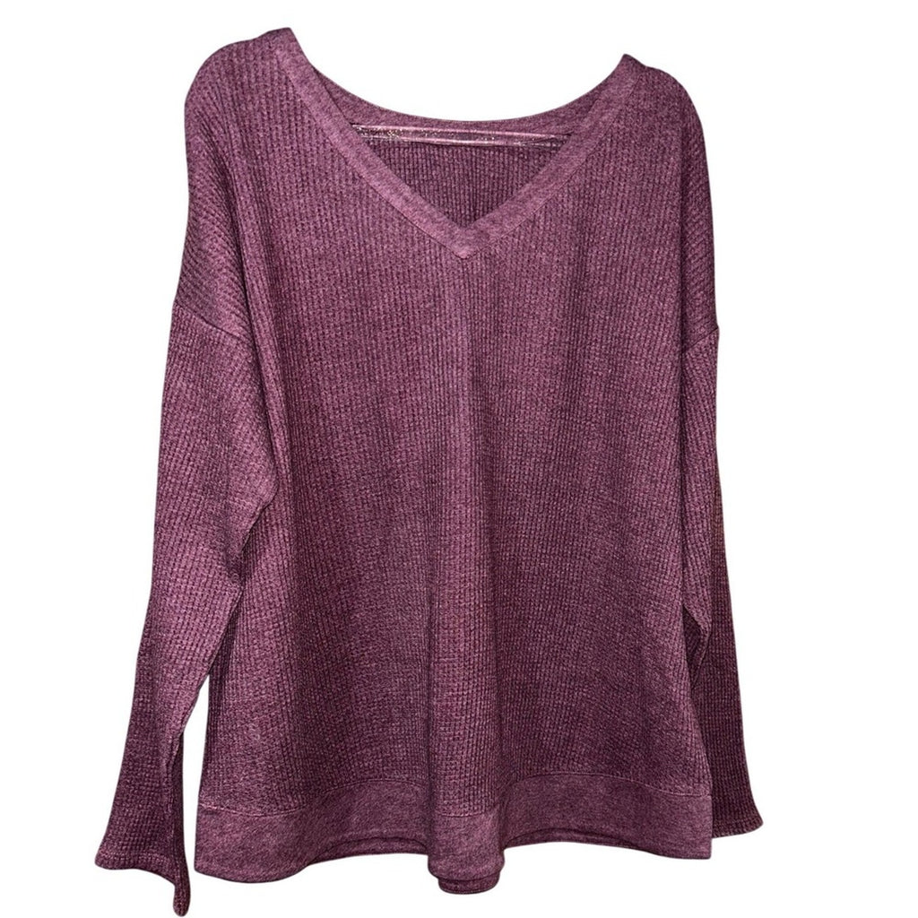 J.Jill Plum Purple Waffle Knit V-Neck Curved Hem Long Sleeve Top Small