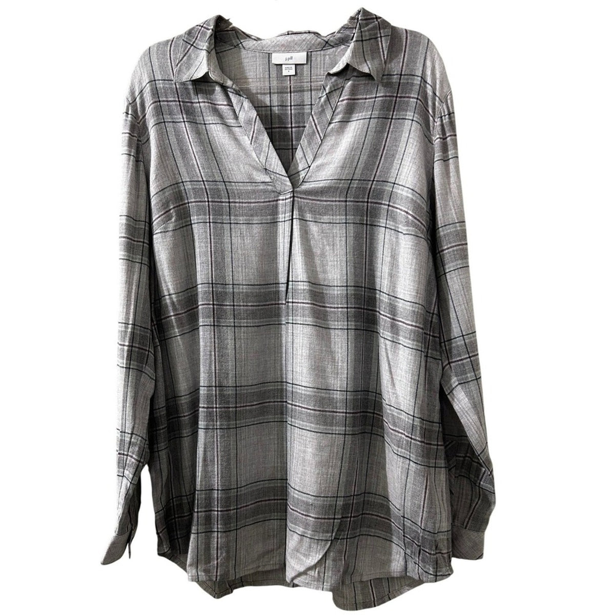 J.Jill Womens Plaid Soft Grey Heather Multi Long Sleeve V-Neck Tunic Top Small