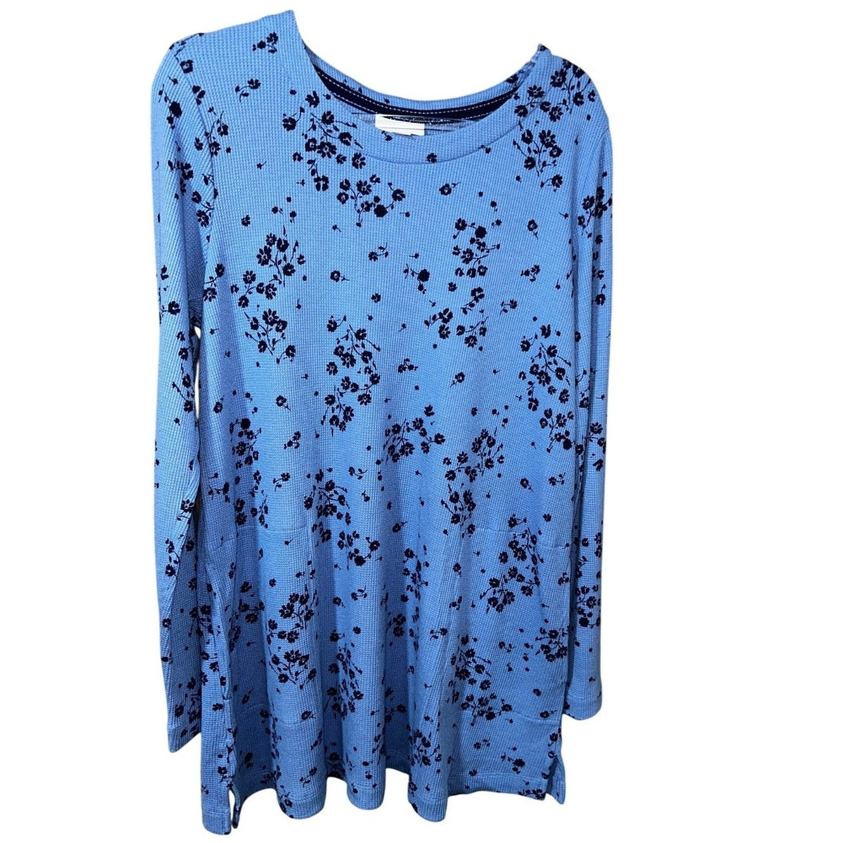 J.Jill Blue Floral Textured Waffle Knit Button Shoulder Tunic Top Pockets Small
