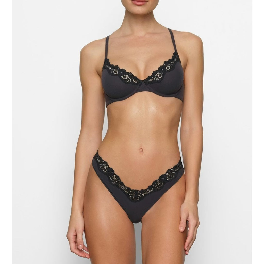 Skims Fits Everybody Lace Unlined Demi Bra Onyx Black 34C BA-DEM-9062
