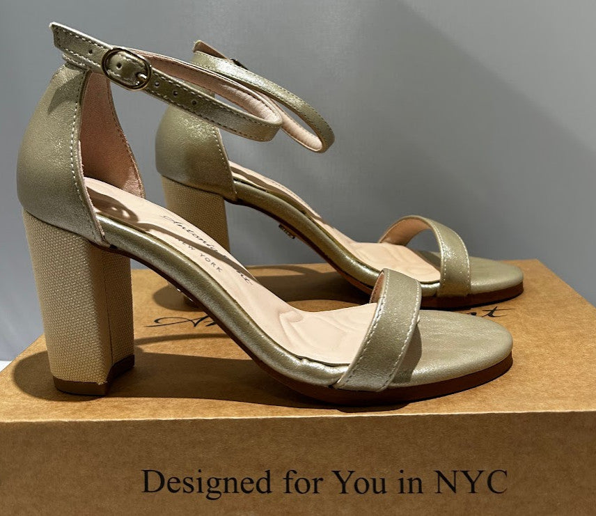 Antonia Saint NY Metallic Gold Block Heel Sandals Ankle Strap Womens Shoes