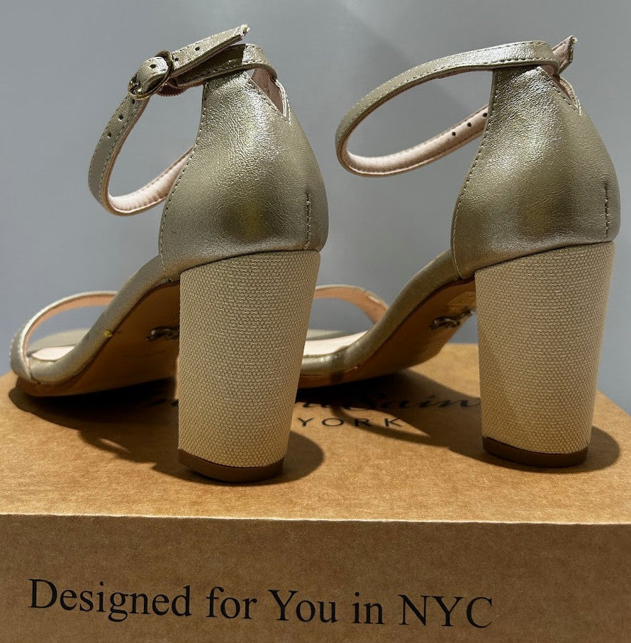Antonia Saint NY Metallic Gold Block Heel Sandals Ankle Strap Womens Shoes