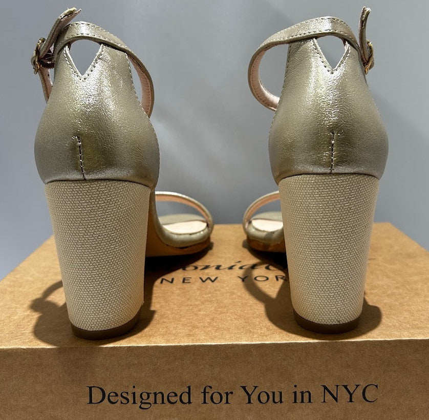 Antonia Saint NY Metallic Gold Block Heel Sandals Ankle Strap Womens Shoes