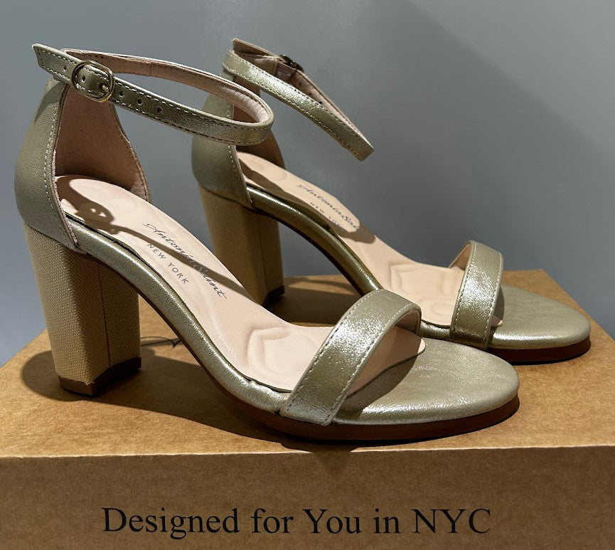Antonia Saint NY Metallic Gold Block Heel Sandals Ankle Strap Womens Shoes