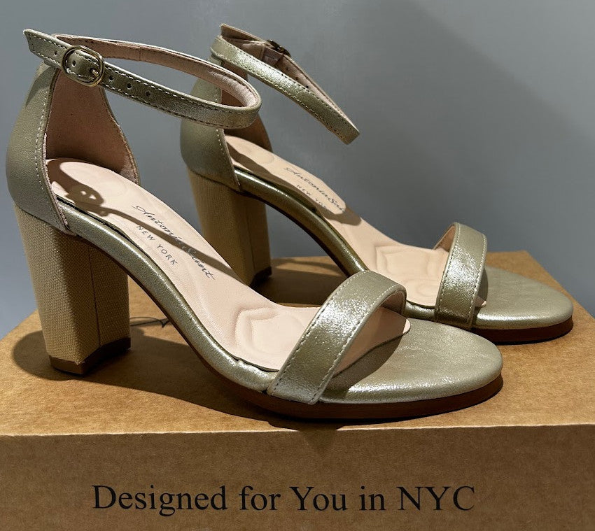 Antonia Saint NY Metallic Gold Block Heel Sandals Ankle Strap Womens Shoes